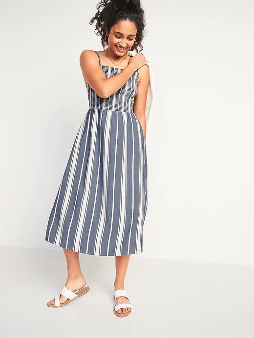 Smocked Fit & Flare Striped Cami Midi Dress for Women