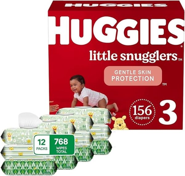 Little Snugglers Baby Diapers, Size 3, 156 Ct &Natural Care Sensitive Baby Wipes, Unscented, 12 Flip-Top Packs (768 Wipes Total) (Packaging May Vary)