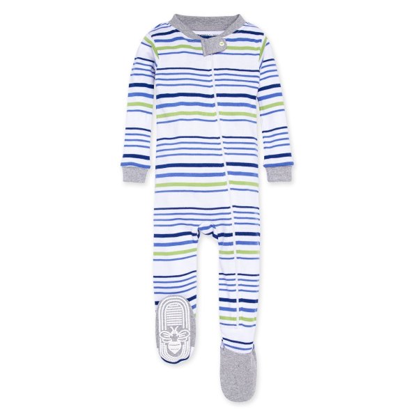 Two Tone Multi Stripe Organic Baby Zip Front Snug Fit Footed Pajamas