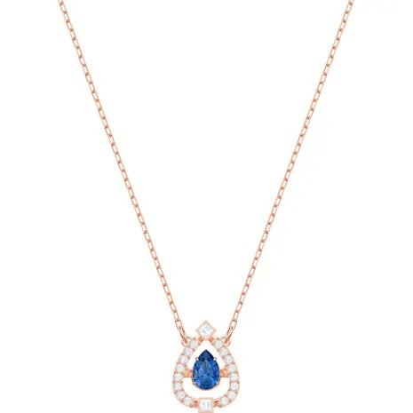 Sparkling Dance Pear Necklace, Blue, Rose-gold tone plated by SWAROVSKI
