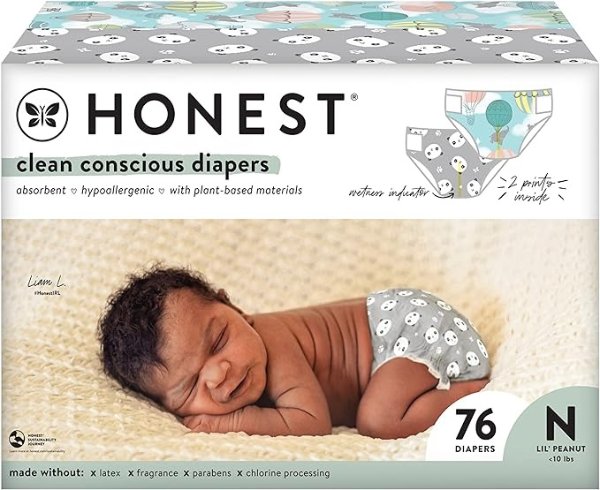 The Honest Company Clean Conscious Diapers, Above It All + Pandas, Size NB, 76 Count Club Box