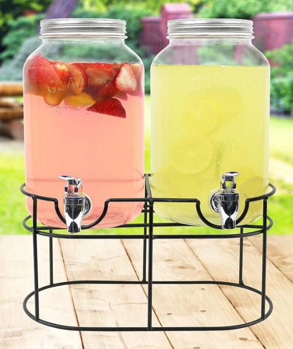 Glass Mason Jar Double Beverage Drink Container Dispenser On Metal Stand With Leak Free Spigot, 1 Gallon Each