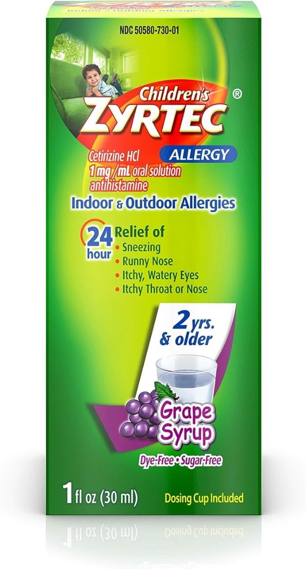 24 Hr Children’s Allergy Syrup with Cetirizine, Dye- & Sugar-Free, Grape Flavor, 1 fl. oz