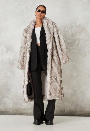 - Premium Gray Faux Fur Shawl Coat