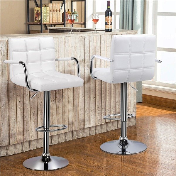 Bar Stools Set of 2 White Adjustable Counter Stools Bar Chairs Synthetic Leather Modern Design Swivel Barstools Gas Lift Stools for Kitchen Counter 360 Degree Swivel Seat Top
