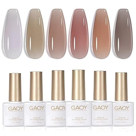 GAOY Jelly Nude Nail Polish Set for Salon, 6 Transparent Colors Sheer Brown Grey White Gel Manicure and Nail Art DIY at Home
