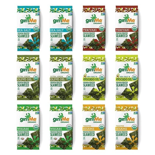 gimMe Organic Roasted Seaweed Sheets - 6 Flavor Variety Pack - 12 Count - Keto, Vegan, Gluten Free - Great Source of Iodine and Omega 3’s - Healthy On-The-Go Snack for Kids & Adults