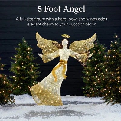 Lighted Outdoor Angel Christmas Decoration w/ 140 Lights, Harp, Stakes