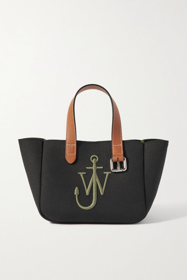 Belt mini leather-trimmed embroidered canvas tote