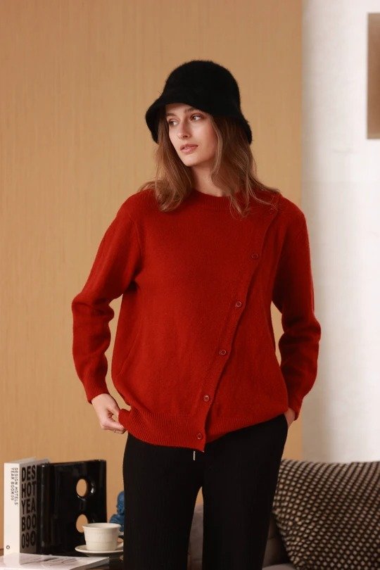 Wool Blend Button-Up Sweater (Red) - Pre-order