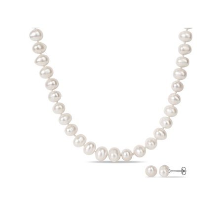 White Cultured Freshwater Pearl Brass Set of Necklace and Earrings, 18"
