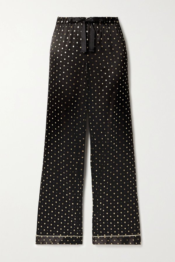 Chantal metallic-trimmed printed silk-blend satin pajama pants