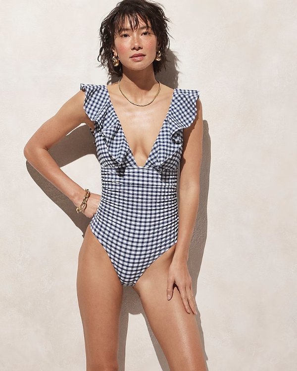Ruched ruffle one-piece swimsuit in gingham