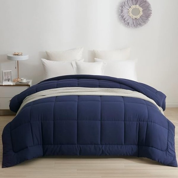 Down Alternative Comforter with Corner Tabs - All Season Quilted Queen Size 240 GSM Blue Comforter, Machine Washable Microfiber Bedding