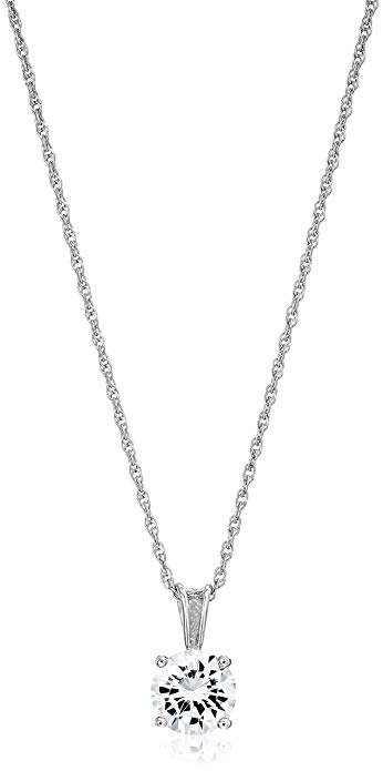 Plated Sterling Silver Cubic Zirconia Round Cut Solitaire Pendant Necklace, 18"