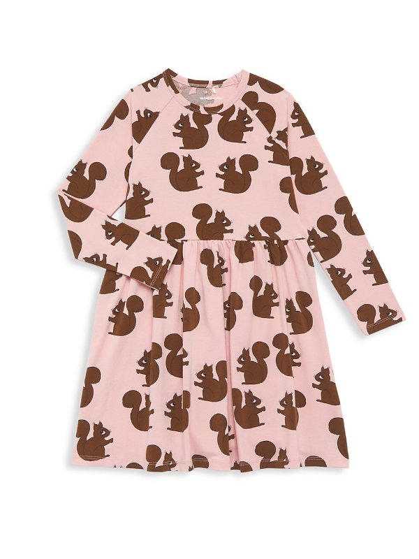 Little Girl's & Girl's Long Sleeve Squirrel Print Dress