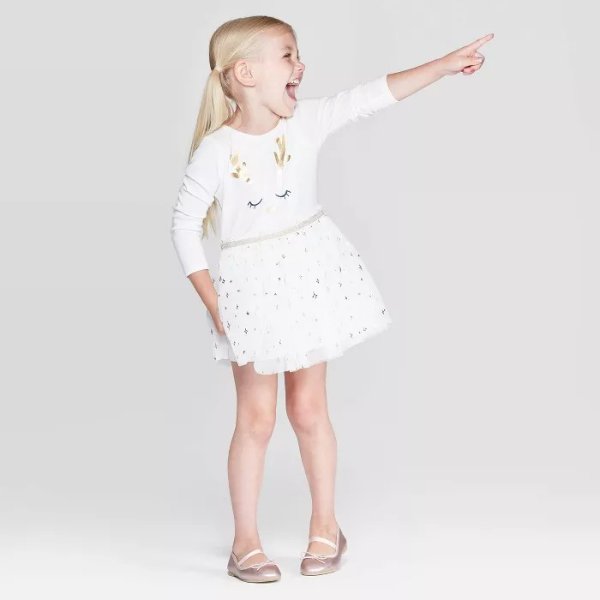 Toddler Girls' Long Sleeve Reindeer T-Shirt Tulle Dress - Cat & Jack&#153; White