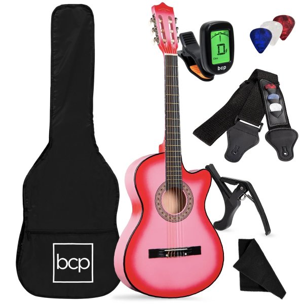 Beginner Acoustic Cutaway Guitar Set w/ Case, Strap, Capo - 38in
