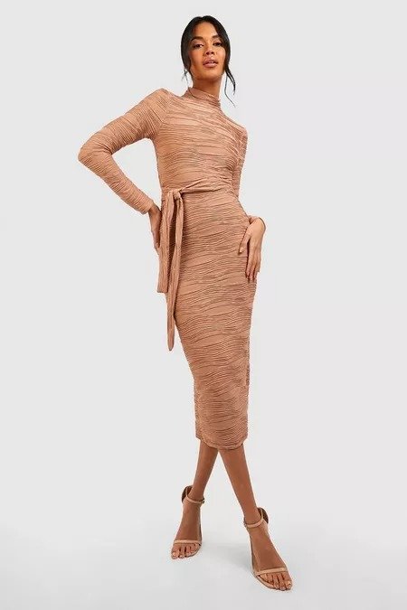 Textured Wave Belted Midi Dress