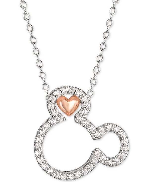 Cubic Zirconia Mickey Mouse Heart 18" Pendant Necklace in Sterling Silver & 18k Rose Gold-Plate
