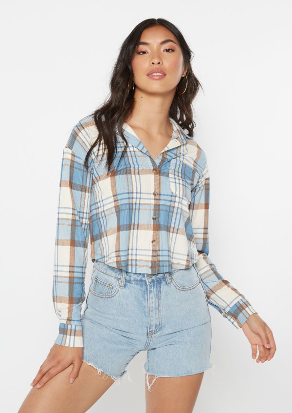 Blue Plaid Button Down Cropped Long Sleeve Top