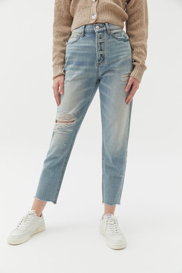 High-Waisted Slim Straight Jean - Distressed Light Wash
