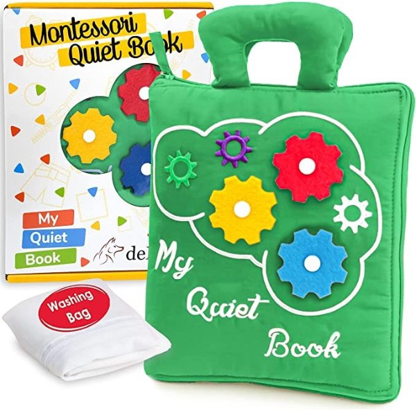 Quiet Book Montessori Toys for Toddlers – Learning Toy – Preschool Educational Toy with Toddler Activities Busy Book, Travel Toy for Boys & Girls + Zipper Bag, Green
