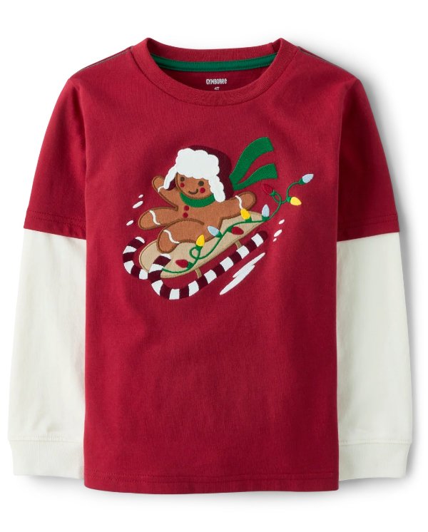 Boys Embroidered Gingerbread Sled Layered Top - Christmas Cabin - salsa