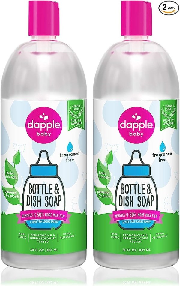 Dapple Baby Bottle Soap & Dish Soap Refill Baby, Fragrance Free, Plant Based Dish Liquid for Dishes & Baby Bottles - Hypoallergenic Soap, Liquid Soap Refill, 30 Fl Oz (Pack of 2)