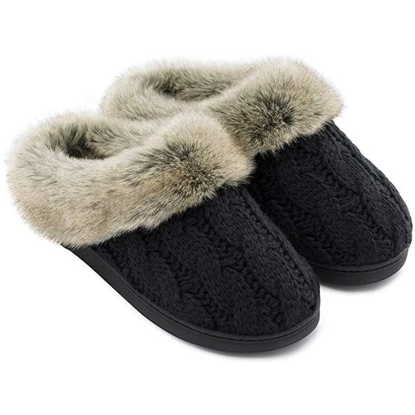 Women's Soft Yarn Cable Knitted Slippers Memory Foam Anti-Skid Sole House Shoes w/Faux Fur Collar, Indoor & Outdoor