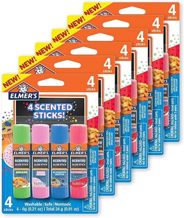Elmer’s Scented Glue Sticks Bundle, 6 Packs of 4, Safe, Nontoxic School Glue, 24 Total Glue Sticks