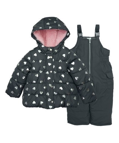 Dark Gray Foil Hearts Fleece-Lined Puffer Coat & Bib Pants - Infant
