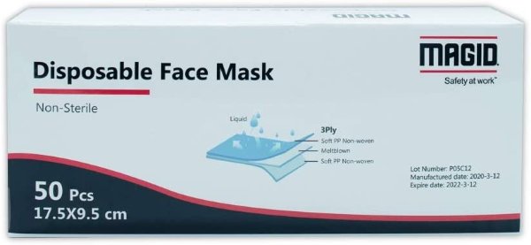 MAGID MM001 Disposable Face Masks with Adjustable Nose Clip, Triple-Layer Construction, Non-Woven Material (50 Masks)