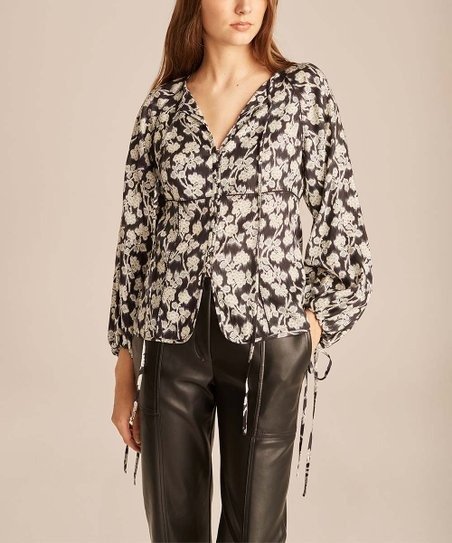 | Black & White Floral Long-Sleeve Alicia Peasant Top - Women
