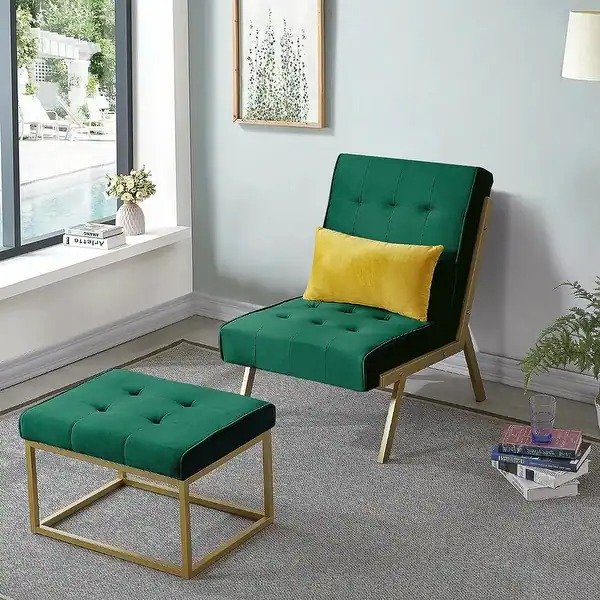 Upholstery Chair with Ottoman, Velvet Chair with Yellow Toss Pillow,Foam Cushion and Gold Metal Frame for Living Room, Bedroom - Green
