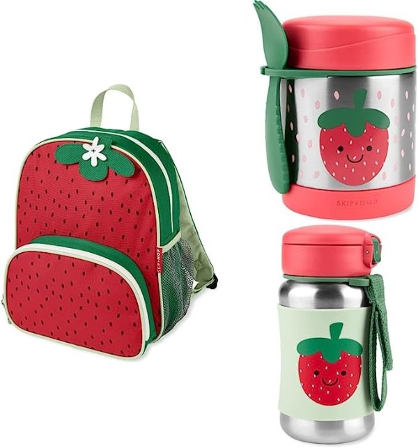 Skip Hop Sparks Kid's Back to School Set with Backpack, Food Jar, and Straw Bottle, Pre-School Ages 3-4, Strawberry