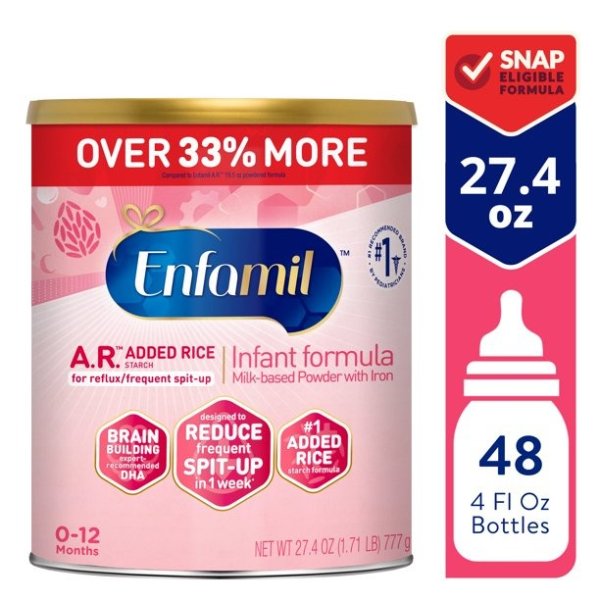 A.R. Infant Formula, Clinically Proven to Reduce Reflux & Spit-Up in 1 Week, with Iron, DHA for Brain Development, Probiotics to Support Digestive & Immune Health, Powder Can, 27.4 Oz