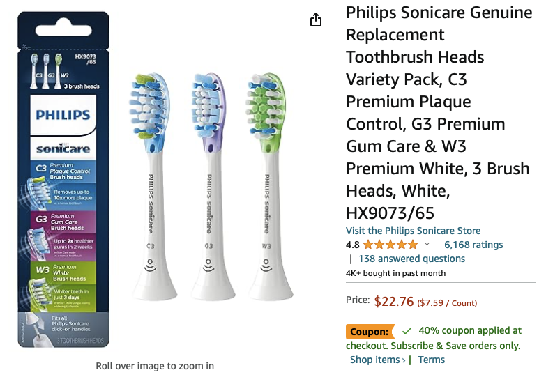 Amazon.com : Philips Sonicare Genuine Replacement Toothbrush Heads Variety Pack,牙刷头