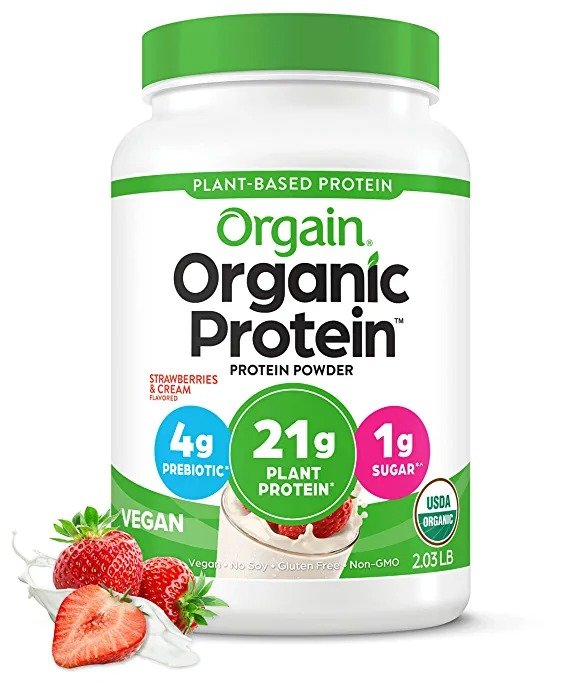 Organic Vegan Protein Powder, Strawberries & Cream - 21g of Plant Based Protein, Low Net Carbs, Gluten Free, Lactose Free, No Sugar Added, Soy Free, Non-GMO, 2.03 Lb