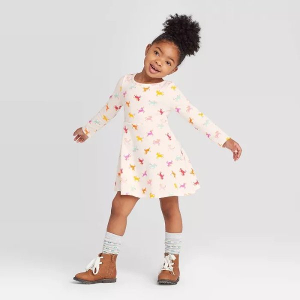 Toddler Girls' Long Sleeve Unicorn Dress - Cat & Jack™ Cream