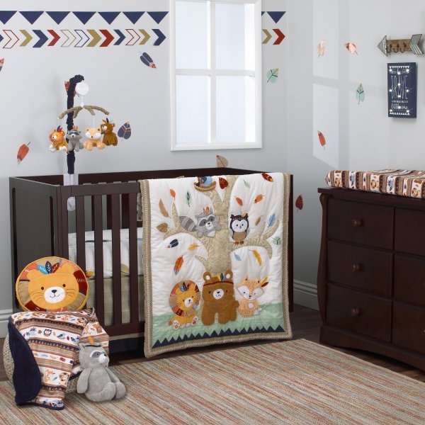 Aztec Forest 4 Piece Nursery Crib Bedding Set - Appliqued Comforter, 100% Cotton Crib Sheet, Dust Ruffle, and Nursery Organizer