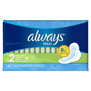 Always Maxi Feminine Pads for Women, Size 2, Long, Super Absorbency, with Wings, Unscented, 32 Count