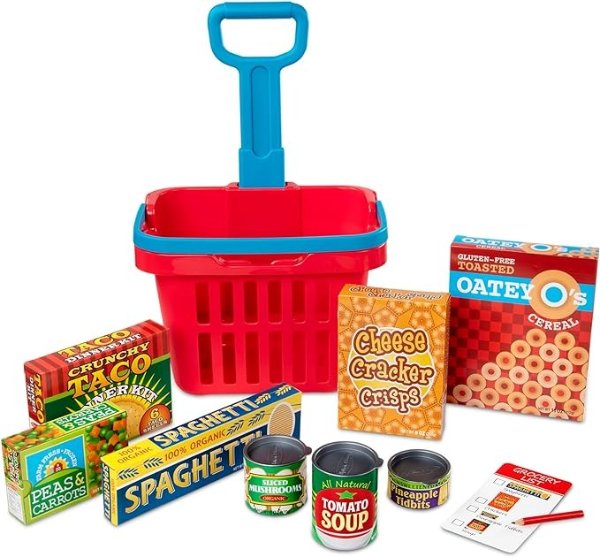 Melissa & Doug Fill and Roll Grocery Basket Play Set With Play Food Boxes and Cans (11 pcs), Frustration-Free Packaging)