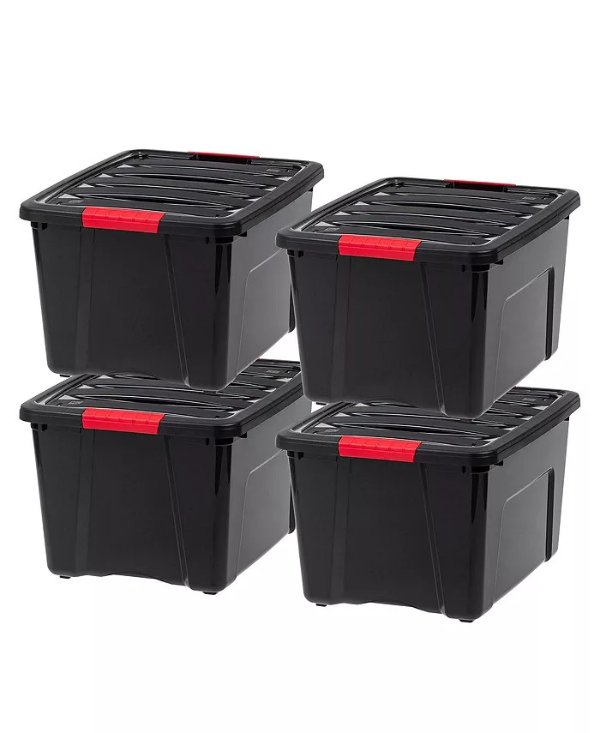 4 Pack 40qt Plastic Storage Bin with Lid and Secure Latching Buckles, Black