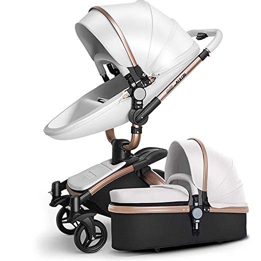 SpringBuds Baby Stroller Bassinet Carriage Combo 360 Rotation 2-in-1 Shock-Resistant High Landscape Luxury Pram Stroller for Newborn and Toddler -White