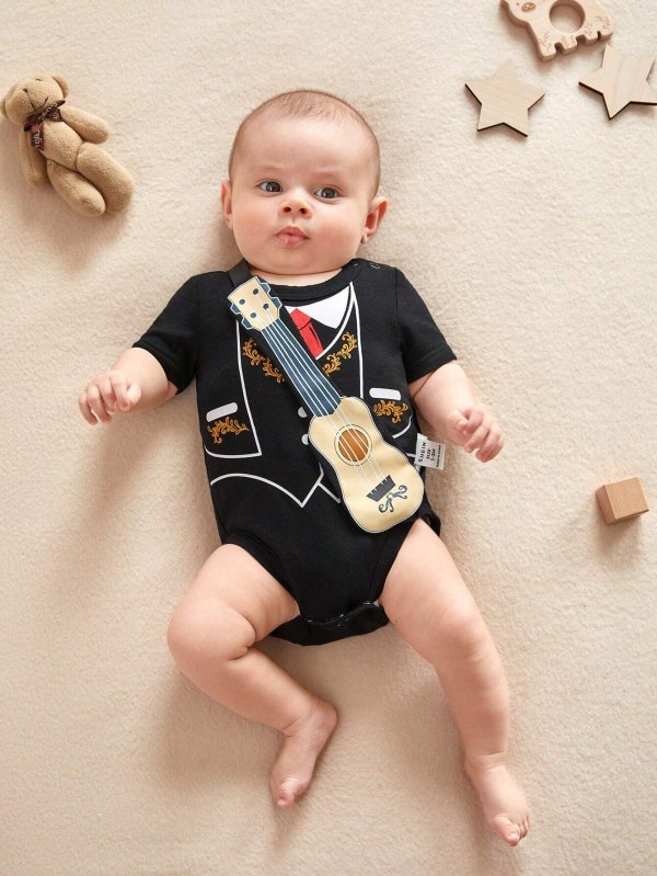 Newborn Baby Tie Print Costumes Bodysuit With Guitar Tape