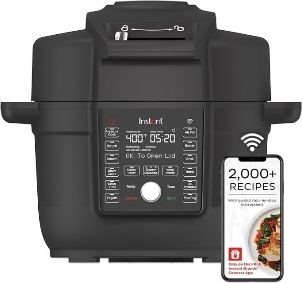 6.5 Quart Duo Crisp Ultimate Lid with WIFI, 13-in-1 Air Fryer and Pressure Cooker Combo, Saute, Slow Cook, Bake, Steam, Warm, Roast, Dehydrate, Sous Vide, & More, Includes App with Recipes