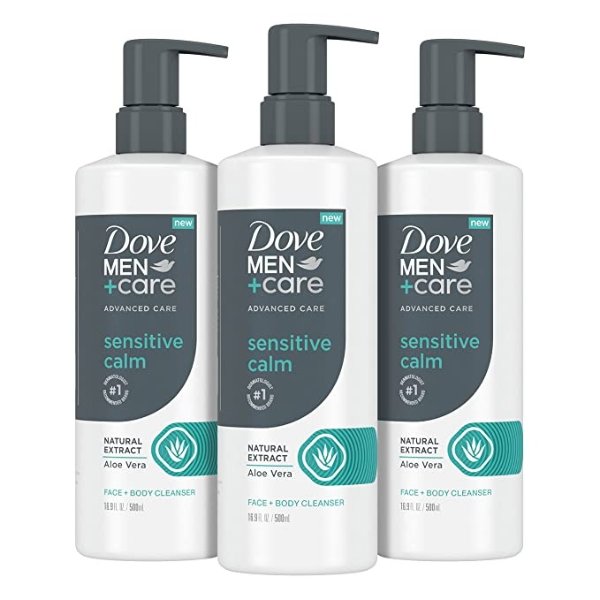 MEN + CARE Advanced Care Face + Body Cleanser Sensitive Calm 3 Count for Sensitive Skin Body Wash with Natural Extract Aloe Vera 16.9 oz