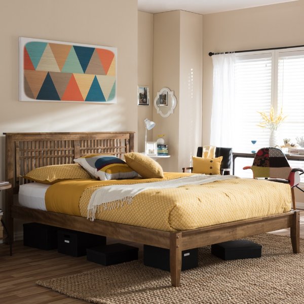Loafey Mid-Century Modern Solid Walnut Wood Window-Pane Style Bed - Craftsman - Platform Beds - by Baxton Studio