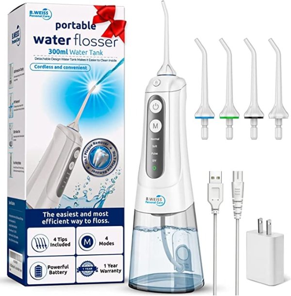 Water Flosser Cordless Teeth Cleaner, Oral Irrigator Dental Pick by (B.WEISS), Removes Plaque and Improves Gum Health, Whitens Teeth Stains- Cordless & Lithium Battery Powered (White)
